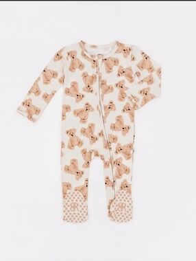 Bums And Roses Cream Teddy Bear Print Kids One-Piece Zipper Footed Pajamas